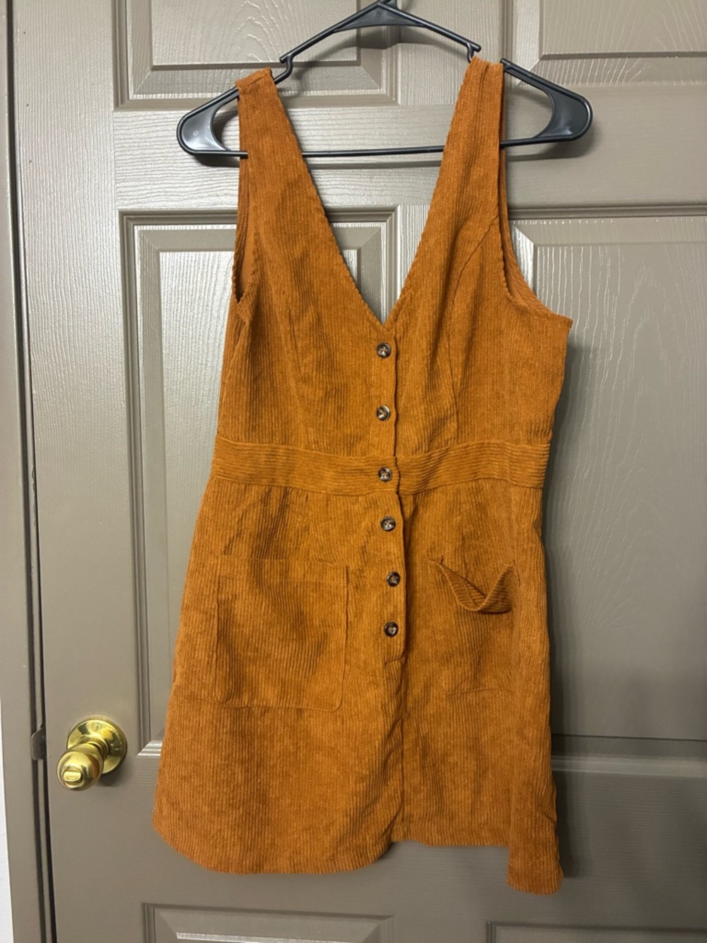 Rust Corduroy Button-Front Pinafore Dress